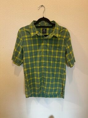 Outdoor Research Green and Yellow Plaid Short-Sleeve Button-Up Shirt